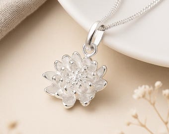 Chrysanthemum Pendant • November Birth Flower Necklace in Sterling Silver • Floral Gift for Her • Personalised Disc Option • Botanical Charm