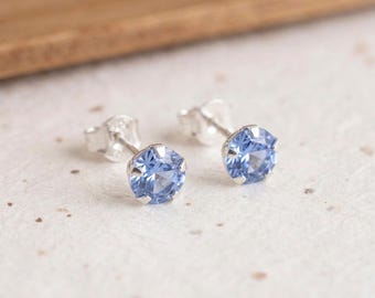 Personalised Tiny Sparkling Blue Stud Earrings In Sterling Silver