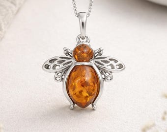 Personalised Sterling Silver Amber Bee Necklace, Genuine Baltic Amber Pendant, 18mm