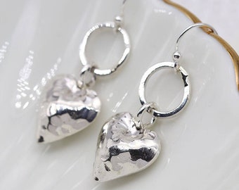 Hammered Heart Dangle Earrings in Sterling Silver, Heart Drop Earrings, Solid Silver Heart Earrings