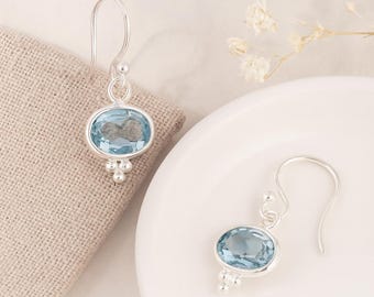 Sky Blue Topaz Earrings • Sterling Silver Oval Drop Earrings • December Birthstone Gift • Natural Gemstone Jewellery • Gift for Her •