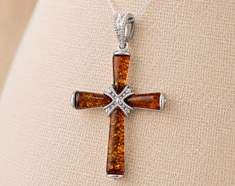 Personalised Sterling Silver Baltic Amber Cross Pendant Necklace
