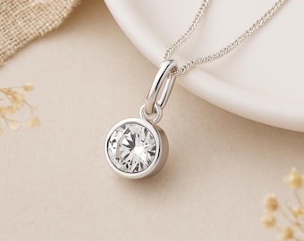 Diamond Birthstone Pendant • April Charm Necklace in Sterling Silver • Dainty Cubic Zirconia Gift • Personalised Birth Month Jewellery