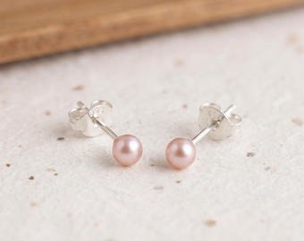 Personalised Tiny Pink Freshwater Pearl Stud Earrings in Sterling Silver