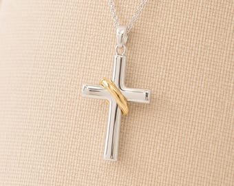 Personalised Sterling Silver and Gold Halo Cross Pendant Necklace