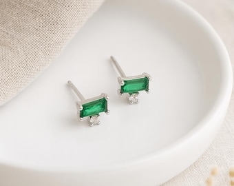 Sterling Silver Green & Clear Cubic Zirconia Micro Stud Earrings – 4mm