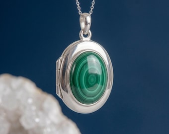 Personalised Malachite Photo Locket Necklace in Sterling Silver