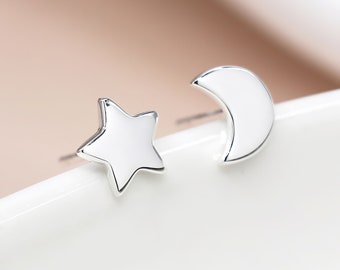 Sterling Silver Mismatched Moon and Star Stud Earrings