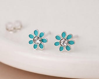 Sterling Silver Emerald Green Forget Me Not Flower Stud Earrings – 5mm