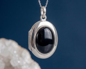 Personalised Black Onyx Photo Locket Necklace In Sterling Silver