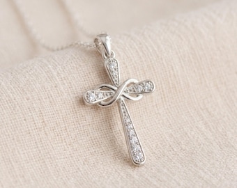 Personalised Infinity Cross Pendant Necklace in Sterling Silver with Cubic Zirconia