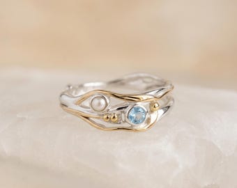 Blue Topaz and Pearl Engagement Ring in Molten Sterling Silver and Gold
