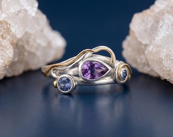 Amethyst and Iolite Engagement Ring in Molten Sterling Silver and Gold
