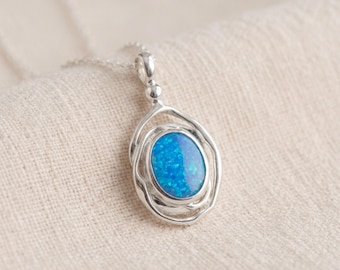 Personalised Blue Opal Swirl Necklace in Molten Sterling Silver