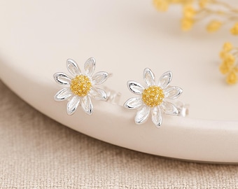 Sterling Silver and Yellow Gold Daisy Flower Stud Earrings