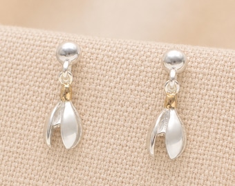 Sterling Silver And Gold Snowdrop Flower Stud Earrings – 10mm x 5mm
