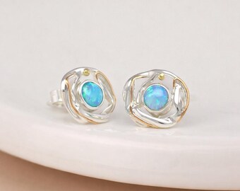 Molten Sterling Silver Blue Opal Fluid Stud Earrings