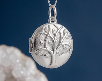 Personalised Tree Of Life Photo Locket Necklace in Sterling Silver with Cubic Zirconia Stars
