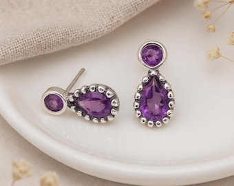 Amethyst Drop Stud Earrings • Sterling Silver Mismatched Gemstone Studs • February Birthstone Gift • Purple Earrings • Gift for Her •
