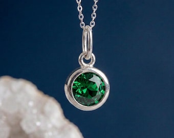Tiny Personalised May Emerald Birthstone Pendant Necklace In Sterling Silver