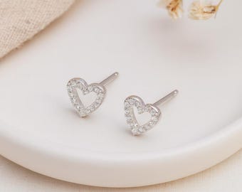 Open Heart Stud Earrings • Sterling Silver & CZ • Dainty Sparkly Heart Studs • Gift for Her • Everyday Jewellery • Minimalist Love Earrings