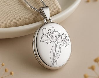 Sterling Silver Daffodil Locket – March Birth Flower, Personalised