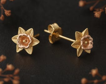 Gold Plated Sterling Silver March Birth Flower Daffodil Stud Earrings