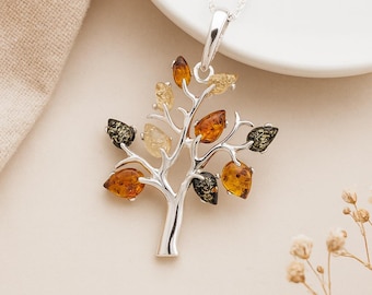 Amber Tree of Life Pendant • Personalised Sterling Silver & Baltic Amber Necklace • Family Tree Jewellery • Nature Gift for Her •