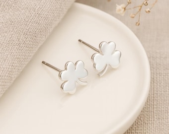 Clover Stud Earrings • Sterling Silver Lucky Leaf Studs • Good Luck Gift for Her • Minimalist Shamrock Jewellery • 7mm Silver Studs •