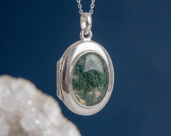 Personalised Moss Agate Gemstone Photo Locket Necklace in Sterling Silver