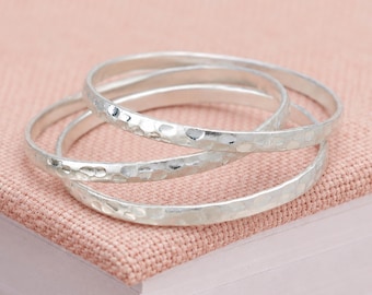 Sterling Silver Plated Triple Hammered Bangle Set
