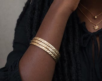 Set Of Three Gold Plated Hammered Bangle Bracelet Stack