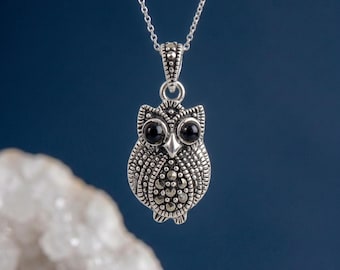 Personalised Owl Pendant Necklace in Sterling Silver with Marcasite