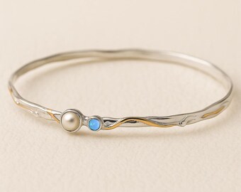 Molten Sterling Silver Blue Opal And Pearl Bangle