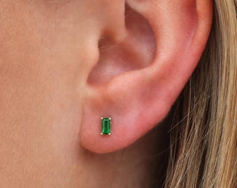 Sterling Silver Faceted Emerald Baguette Stud Earrings