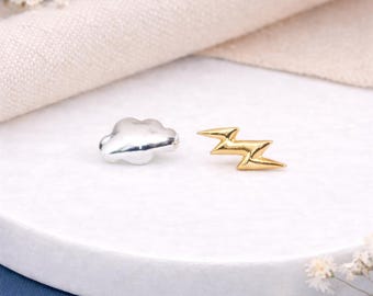 Mismatched Sterling Silver And Gold Lightning And Cloud Stud Earrings – 10mm X 6mm