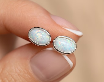 Oval Sterling Silver White Opal Stud Earrings