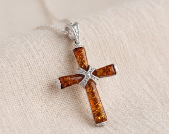 Personalised Baltic Amber Cross Pendant Necklace In Sterling Silver