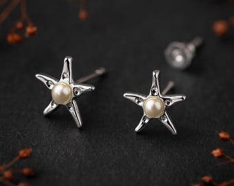 Sterling Silver Pearl Starfish Stud Earrings