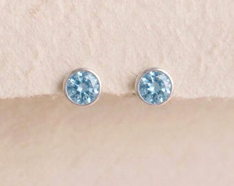 March Aquamarine Birthstone Stud Earrings in Sterling Silver