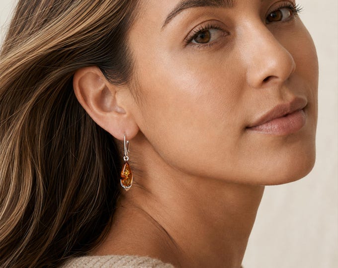 Featured listing image: Baltic Amber Teardrop Earrings in Sterling Silver