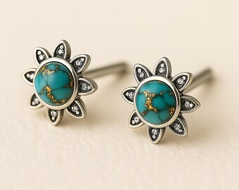 Sterling Silver Turquoise And White Topaz Flower Stud Earrings