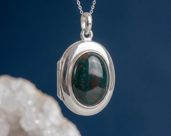 Personalised Bloodstone Photo Locket Necklace In Sterling Silver