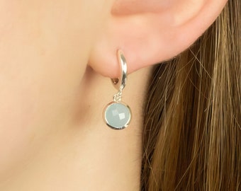 Sterling Silver Blue Chalcedony Huggie Hoop Earrings