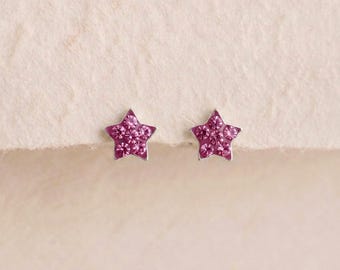 Personalised Sparkling Pink Star Stud Earrings in Sterling Silver
