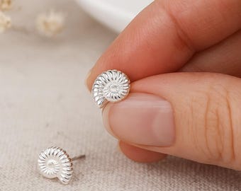 Sterling Silver Ammonite Stud Earrings: Fossil-Inspired Nature Jewellery, 6mm