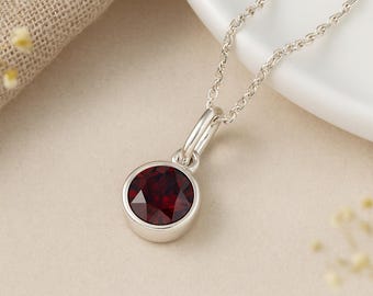 Garnet Birthstone Pendant • January Charm Necklace in Sterling Silver • Dainty Cubic Zirconia Gift • Personalised Birth Month Jewellery