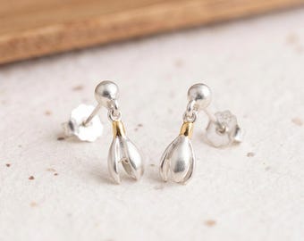 Personalised January Snowdrop Birth Flower Stud Earrings In Sterling Silver And Gold