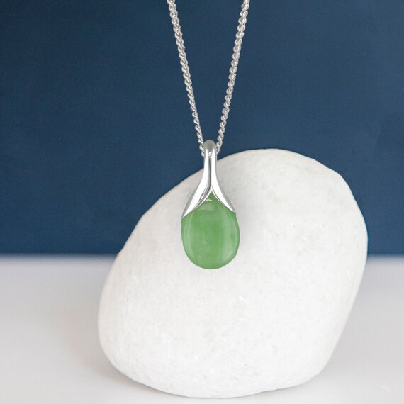 Genuine Jade Teardrop Necklace in Sterling Silver Silver Jade