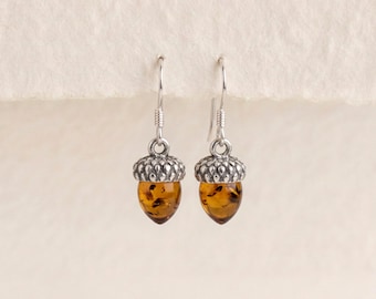 Baltic Amber Acorn Drop Earrings in Sterling Silver